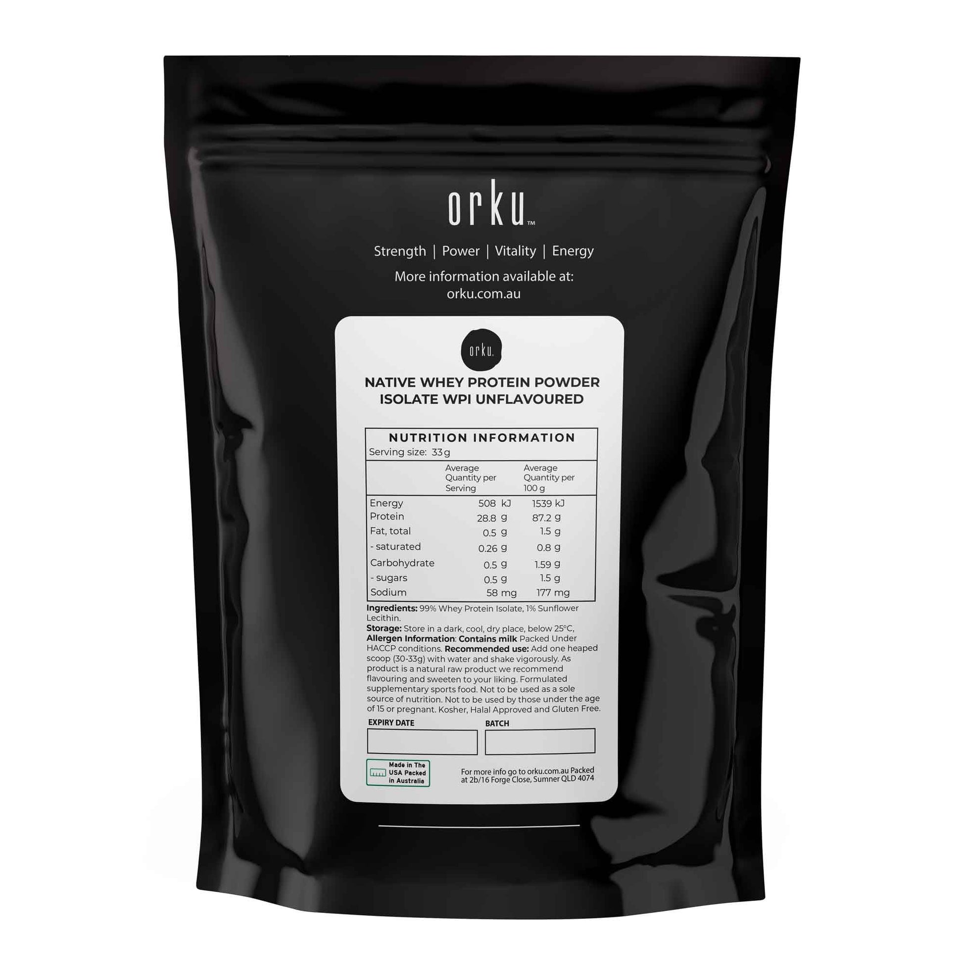 Unflavored Orku 1kg whey protein isolate powder in native bag, showcasing the health supplement packaging from Hlpmedical.