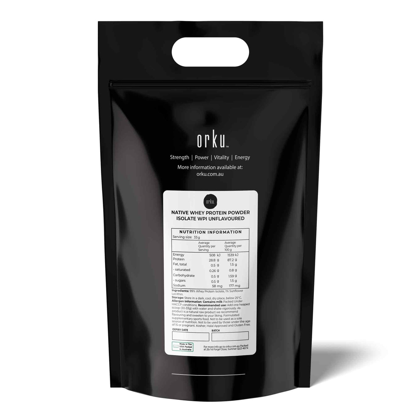 Unflavored Orku 5kg WPI Whey Protein Isolate powder in native bag for health and fitness nutrition.