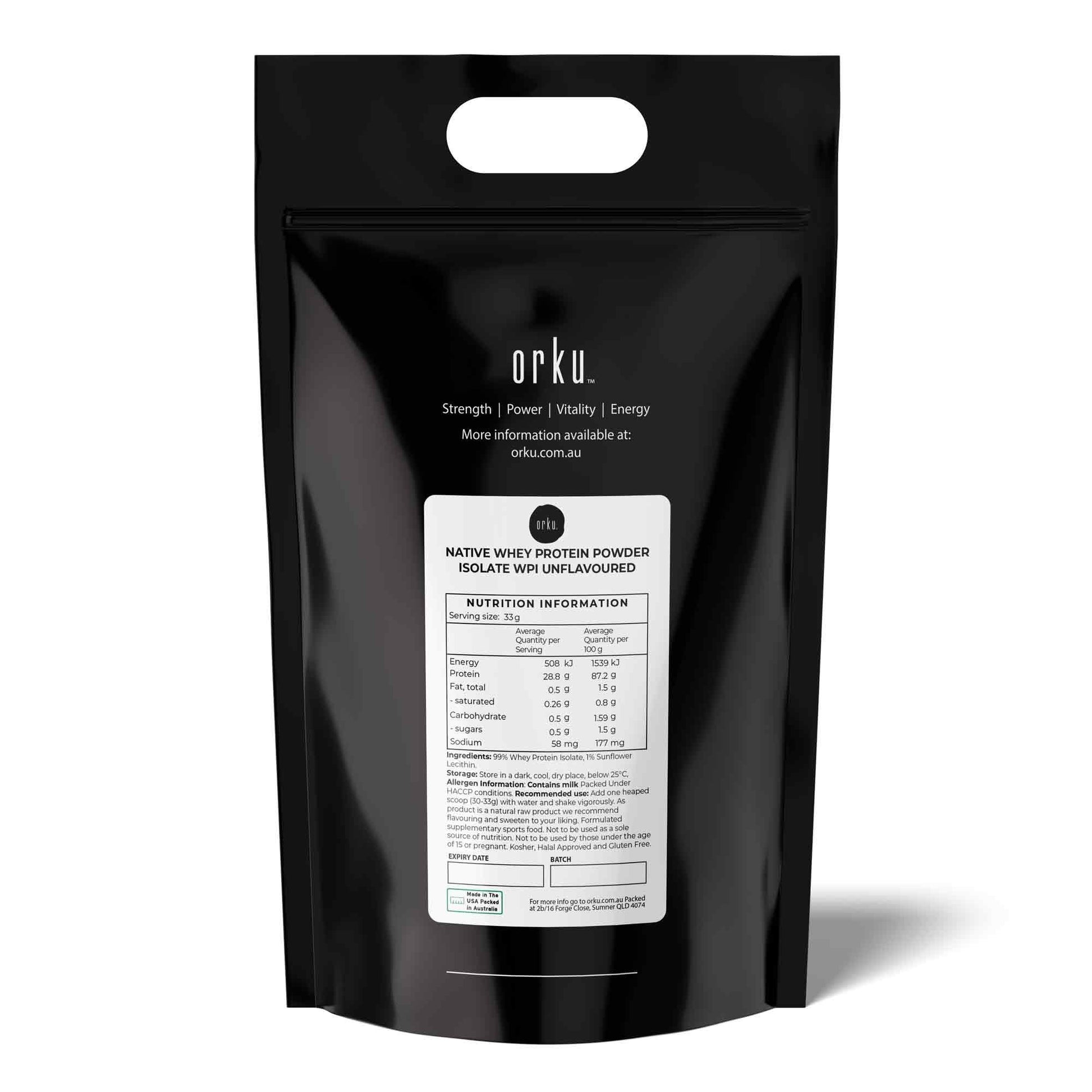 Unflavored Orku 20kg Whey Protein Isolate powder in a bulk native bag, ideal for health and nutrition supplements.