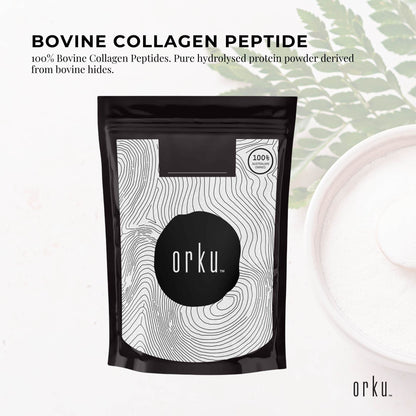 Hlpmedical Orku 100g Bovine Collagen Peptides powder in a clear container, unflavoured hydrolyzed protein supplement for health and beauty.
