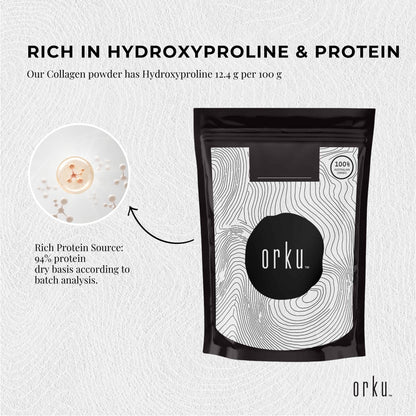 Unflavored Orku 400g bovine collagen peptides powder in a clear container, showing white protein powder for health and beauty nutrition.
