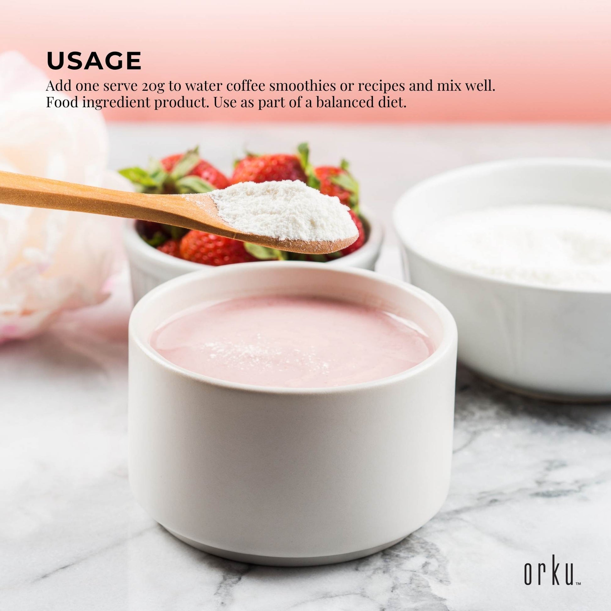 Unflavored Orku 400g bovine collagen peptides powder from Hlpmedical, showing the supplement container and scoop.