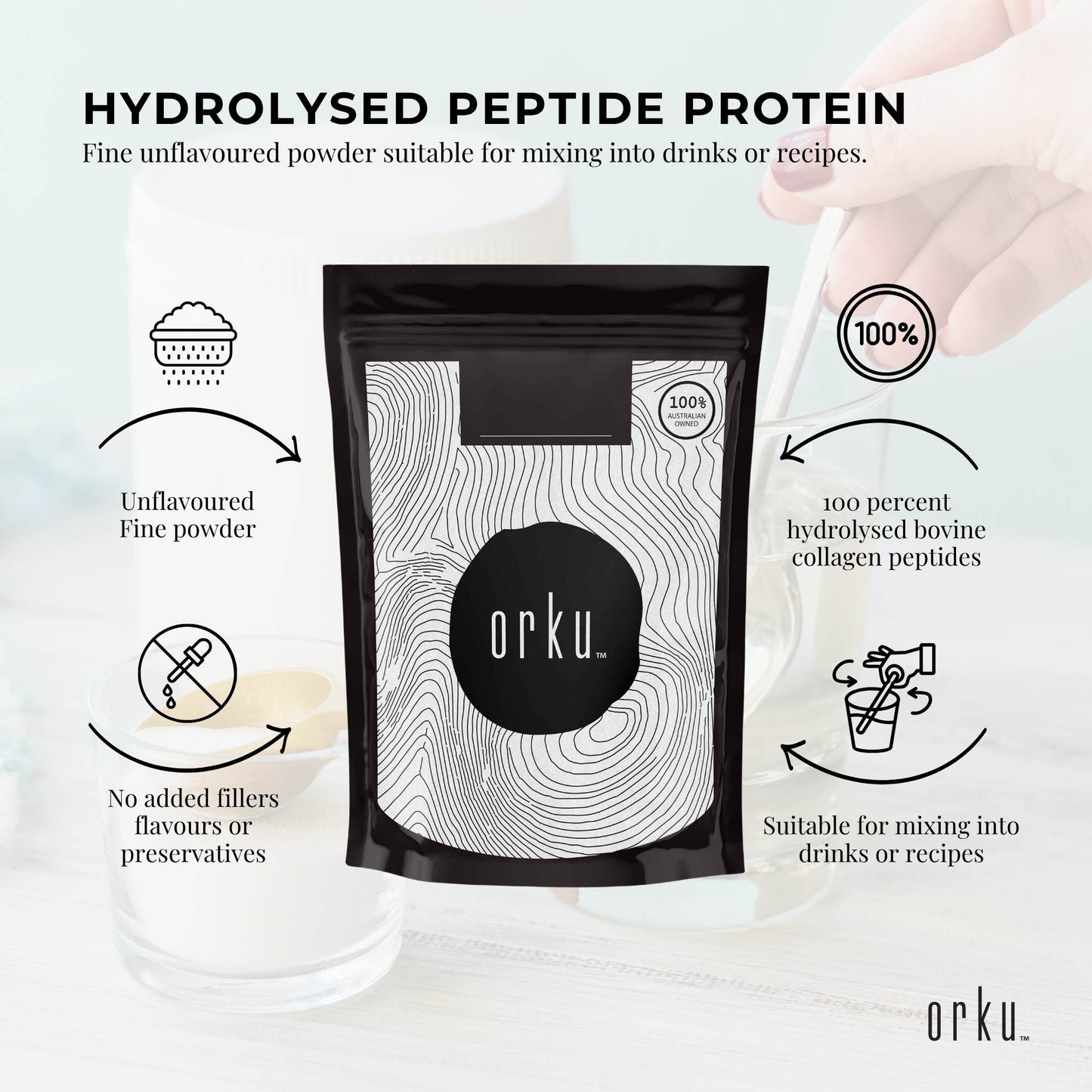 Bovine collagen peptides powder in a container, unflavored, Hlpmedical brand, for health and beauty nutrition supplement.