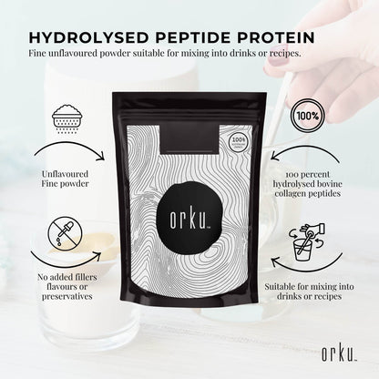 Bovine collagen peptides powder in a container, unflavored, Hlpmedical brand, for health and beauty nutrition supplement.