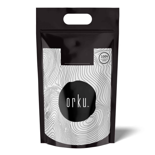 Unflavored Orku bovine collagen peptides powder in a container, showcasing health and beauty supplement for skin and joint support.