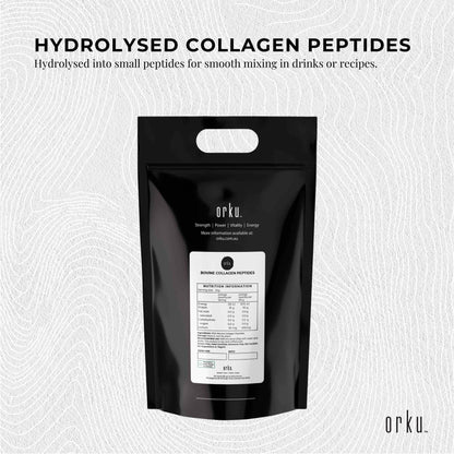 Unflavored Orku bovine collagen peptides powder in a 10kg container, hydrolyzed protein supplement for health and beauty.
