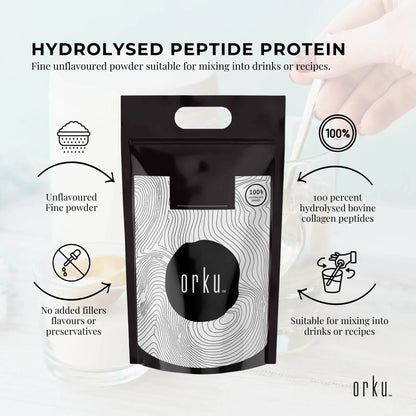 Unflavored Orku bovine collagen peptides powder in a 20kg container, hydrolyzed protein supplement for health and beauty.