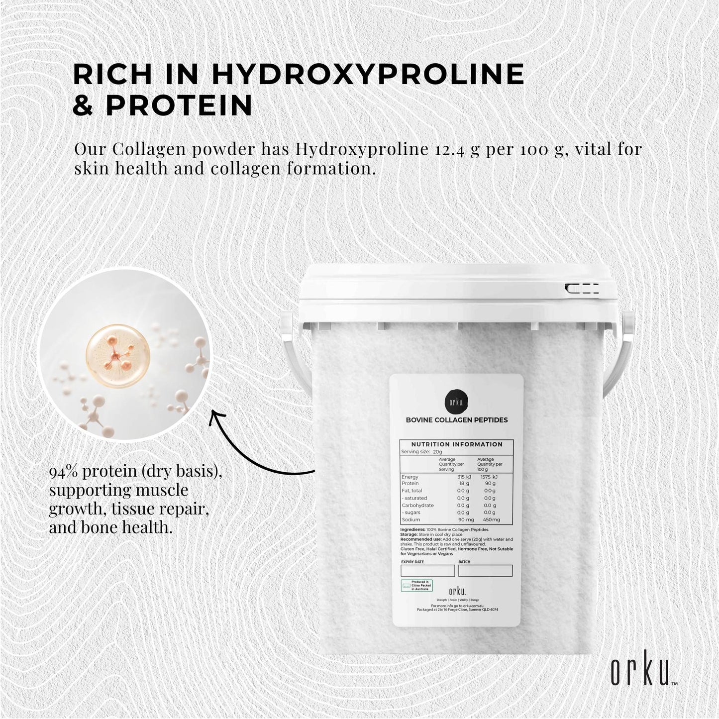 Hlpmedical Orku 600g bovine collagen peptides powder tub, hydrolyzed protein supplement for health and beauty nutrition.