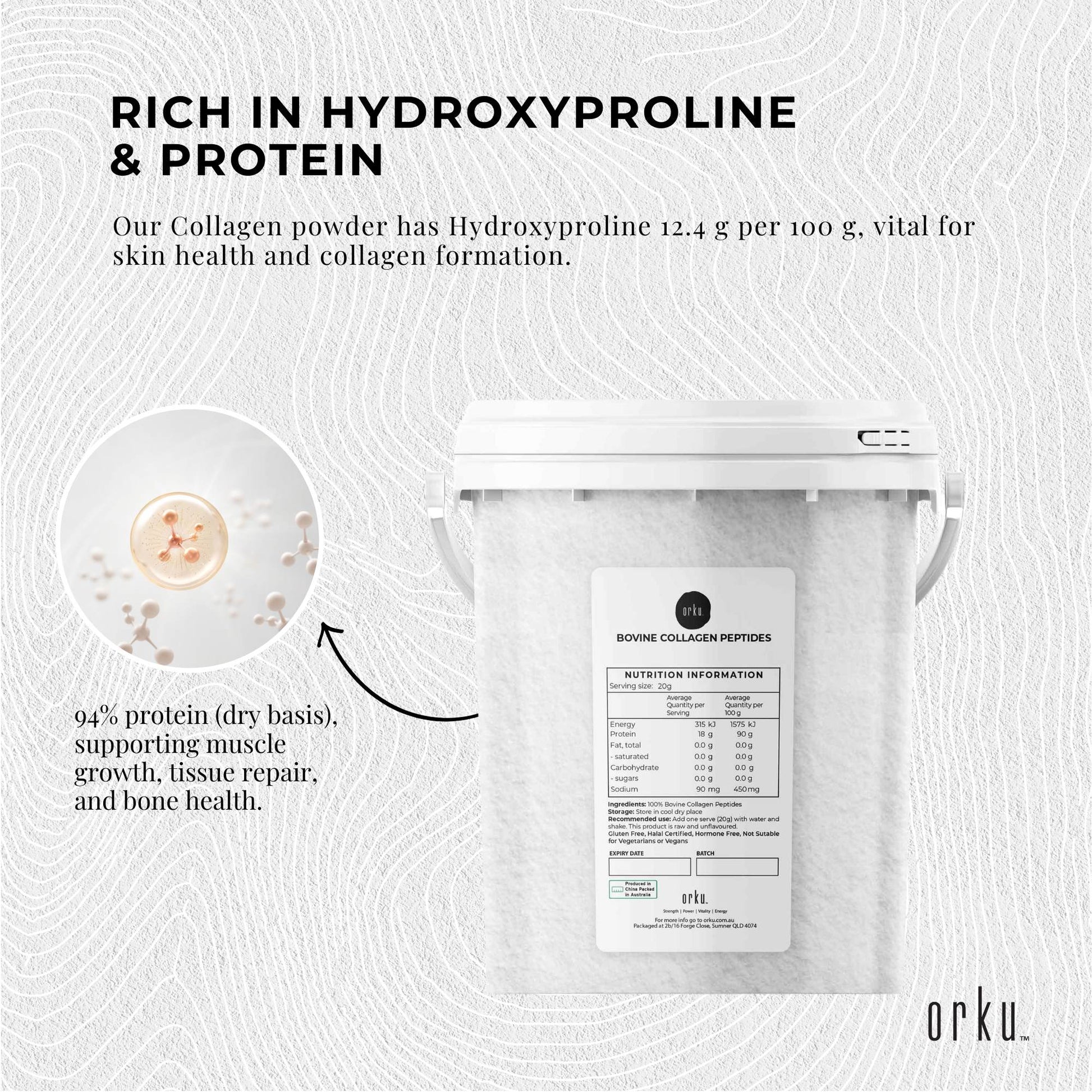 Hlpmedical Orku 600g bovine collagen peptides powder tub, hydrolyzed protein supplement for health and beauty nutrition.