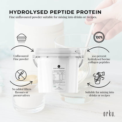 Bovine collagen peptides powder tub by Hlpmedical, 2.5kg, hydrolysed protein supplement for health and beauty nutrition.