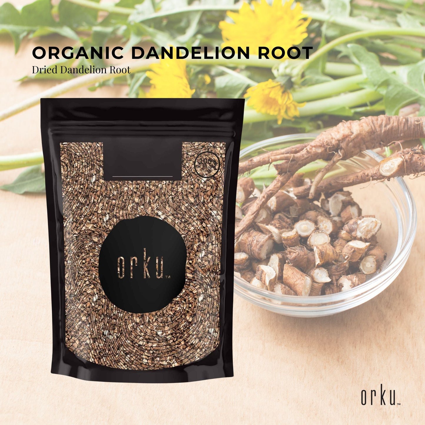 Dried organic dandelion root in a jar, herbal tea supplement from Hlpmedical, suitable for pantry tea and beverage use