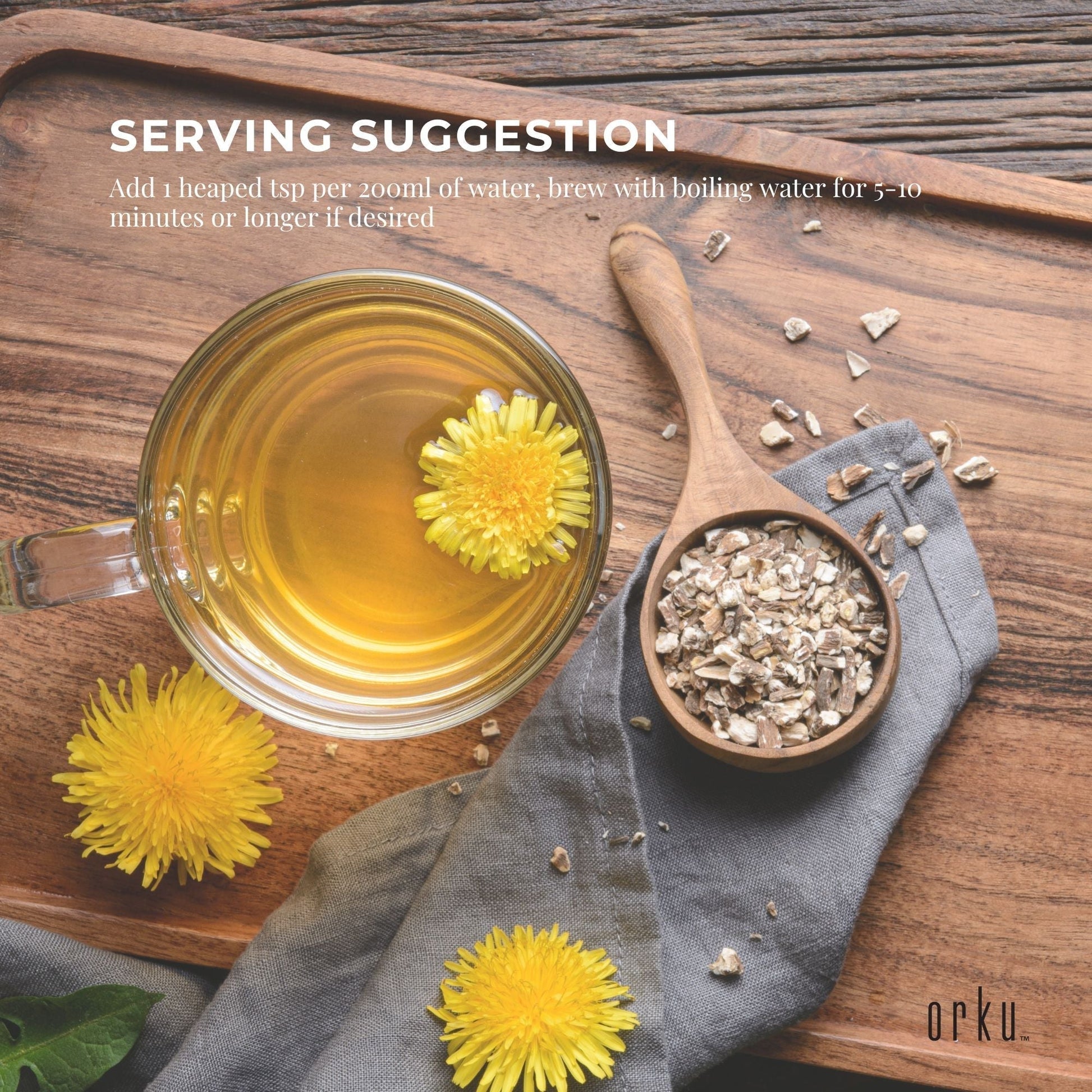 Dried organic dandelion root in a 250g package, raw herbal tea supplement from Hlpmedical for natural health.