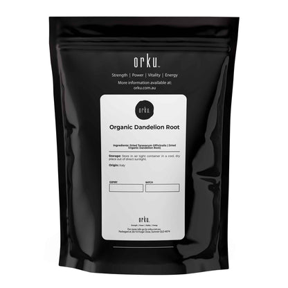 Dried organic dandelion root in a clear jar, herbal tea supplement from Hlpmedical, suitable for brewing or herbal remedies.