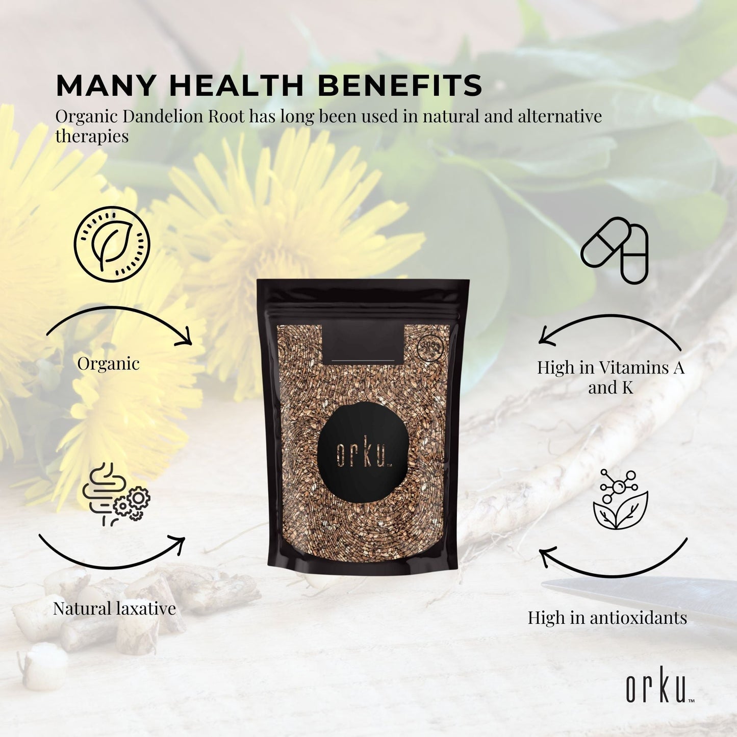 Dried organic dandelion root in a 50g package, raw herbal tea supplement, Hlpmedical brand, suitable for natural health remedies.