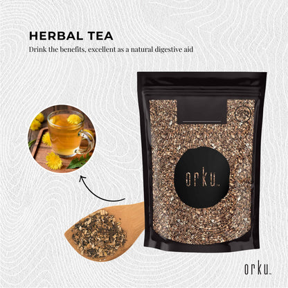 Dried organic dandelion root in 50g package, raw herbal tea supplement from Hlpmedical, ideal for natural health and wellness.