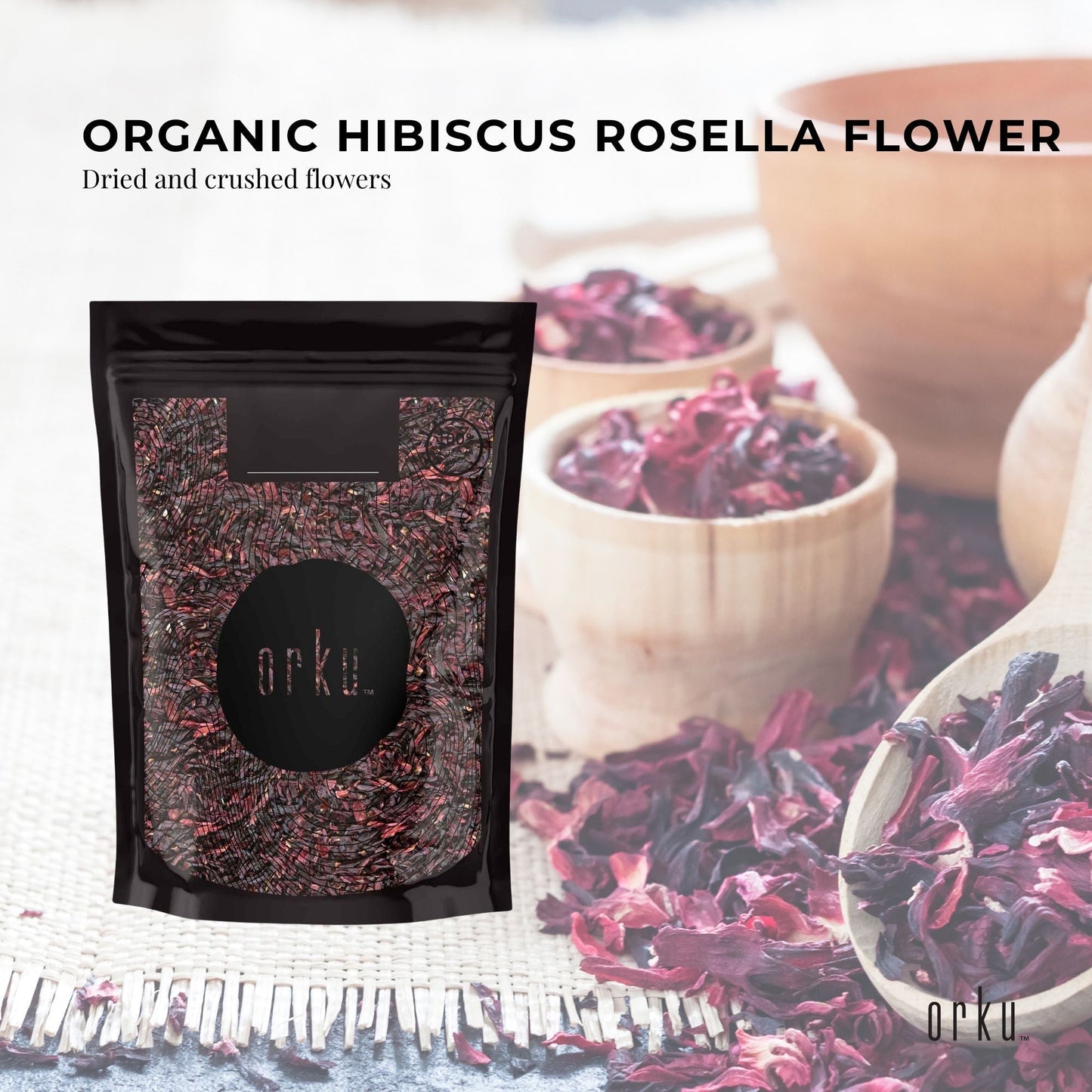 Crushed organic hibiscus rosella flowers in a jar, dried herbal tea supplement by Hlpmedical, for vibrant floral tea brewing.