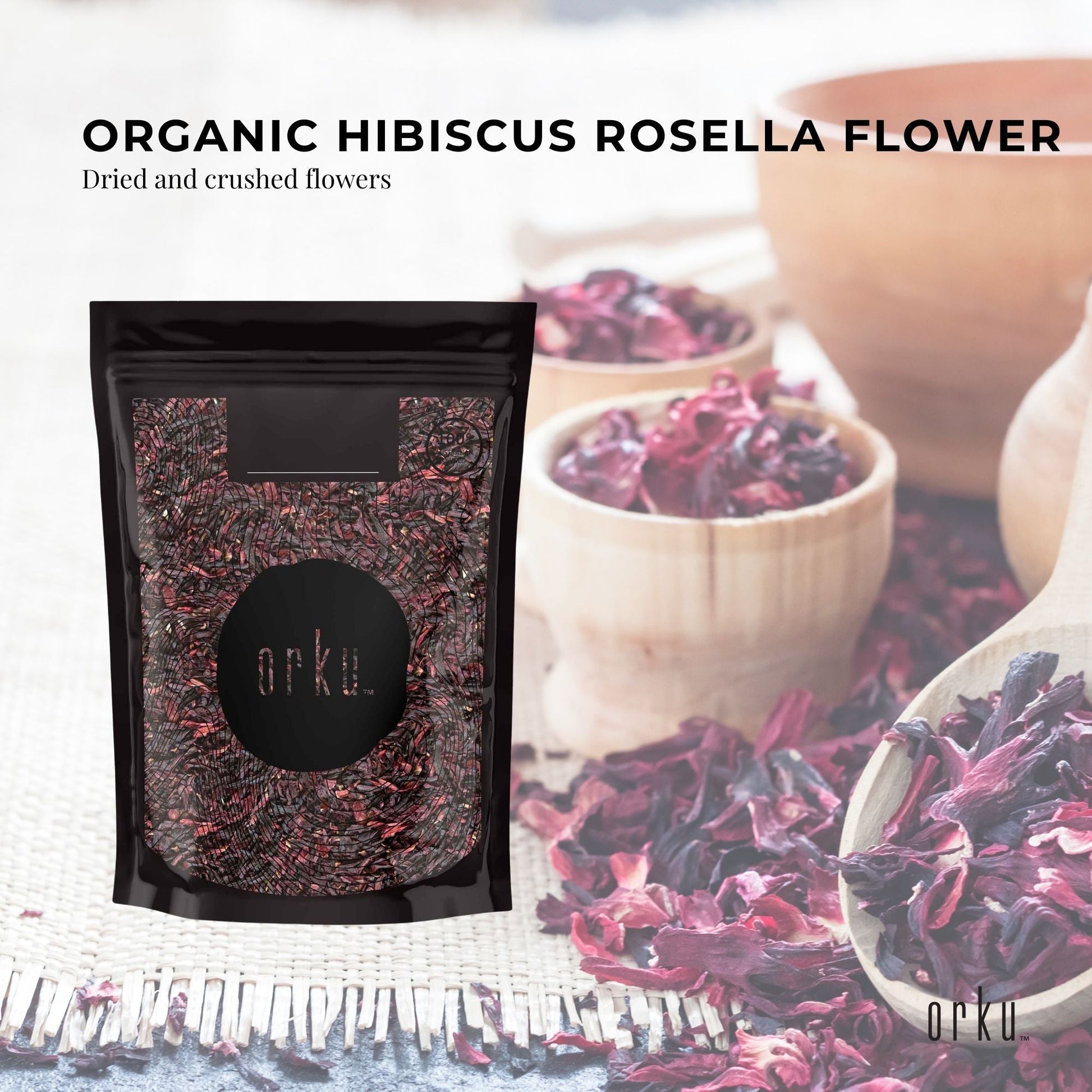 Crushed organic hibiscus rosella flowers in a jar, dried herbal tea supplement by Hlpmedical, for vibrant floral tea brewing.