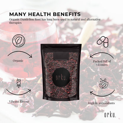 Crushed dried organic hibiscus rosella flowers in a jar, ideal for herbal tea and beverage preparation.