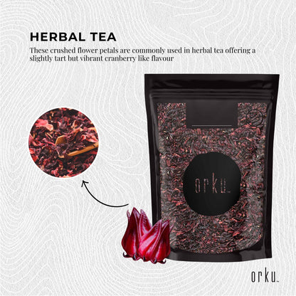 Crushed organic hibiscus rosella flower for herbal tea, dried floral supplement, natural red dried herbal tea ingredient.