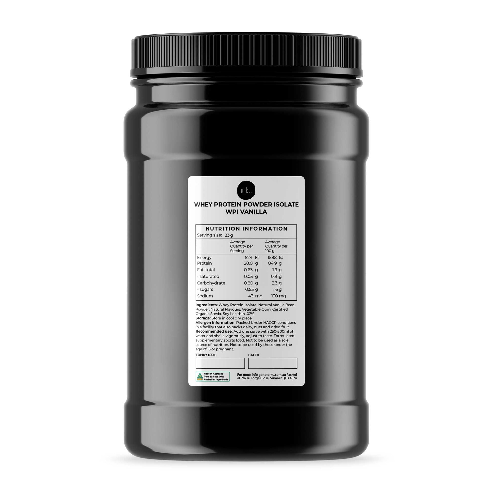 Hlpmedical Orku 1kg vanilla whey protein isolate powder jar, sports nutrition supplement for muscle recovery and fitness.