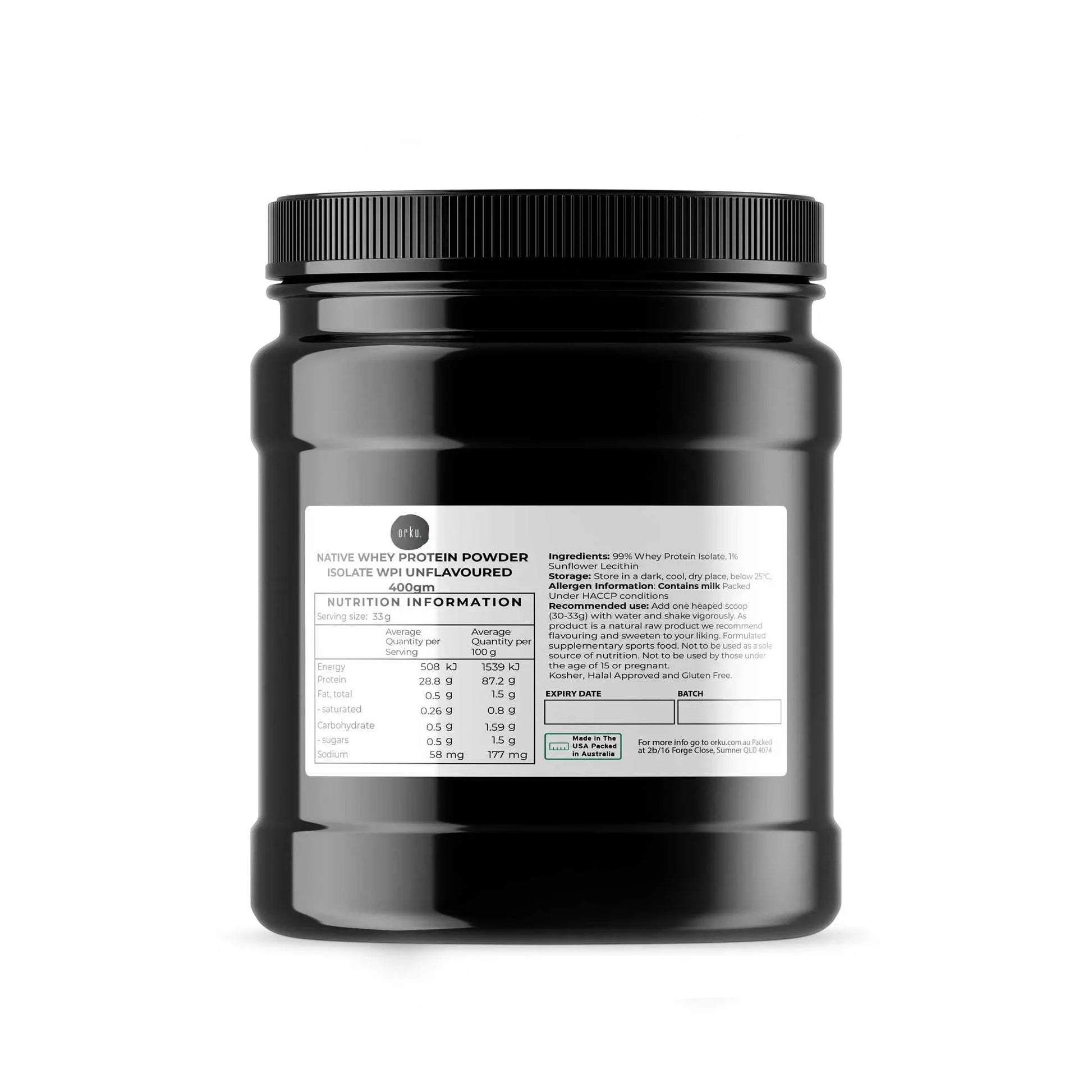 Unflavored Orku 400g whey protein isolate powder in a native jar, a health supplement from Hlpmedical for muscle recovery and nutrition.
