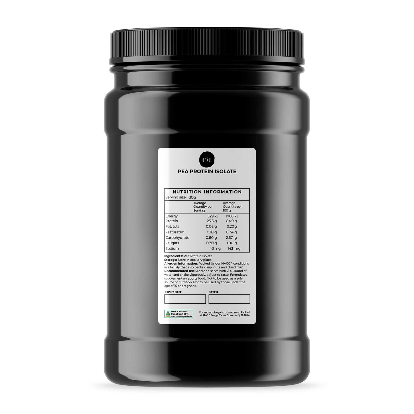Hlpmedical Orku 1kg pea protein isolate powder in a jar, high protein plant-based unsweetened supplement for health and nutrition.