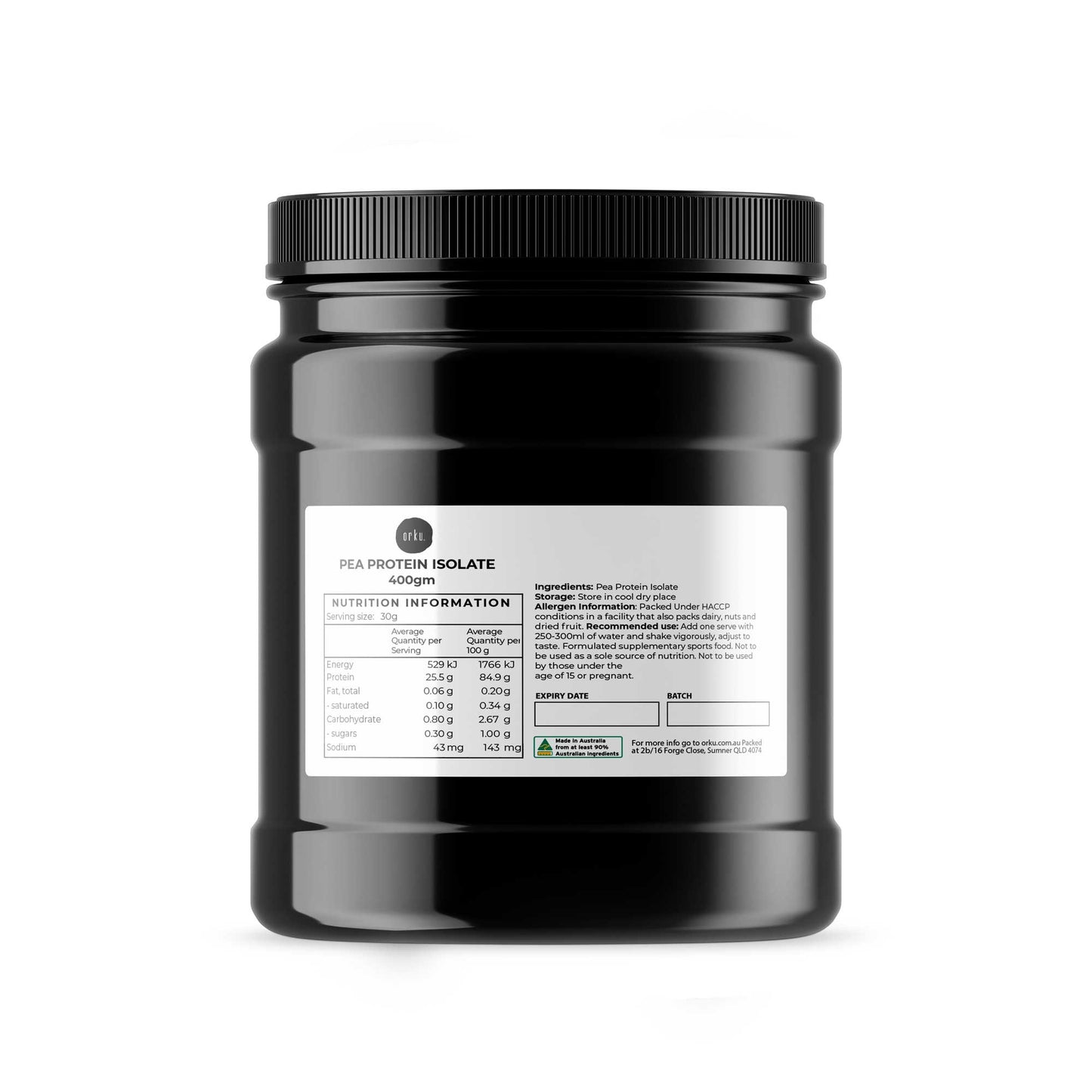 Hlpmedical Orku 400g pea protein isolate powder jar, high protein plant-based unsweetened supplement for health and nutrition.