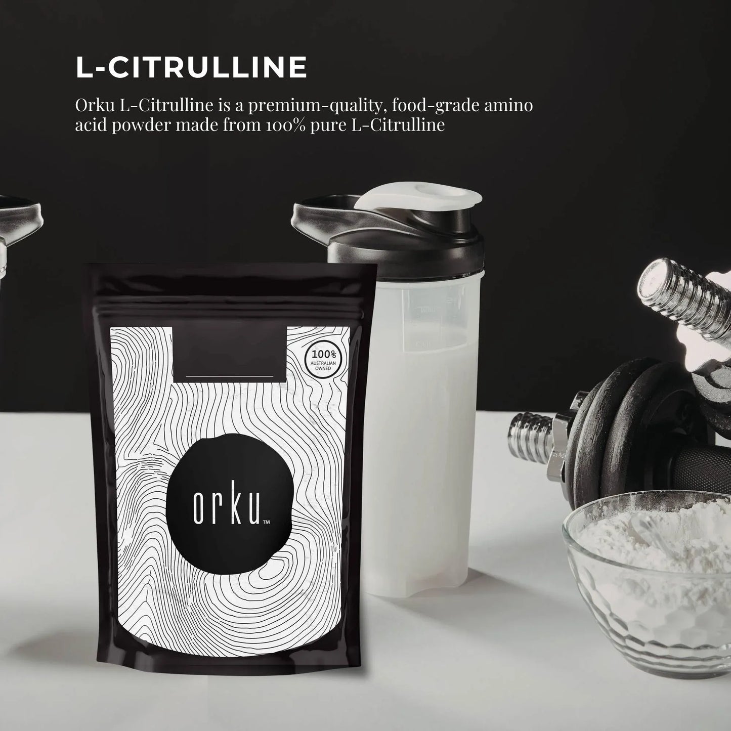 Hlpmedical Orku 100g L-Citrulline powder bucket showing the white supplement powder in a container, for health and fitness nutrition.