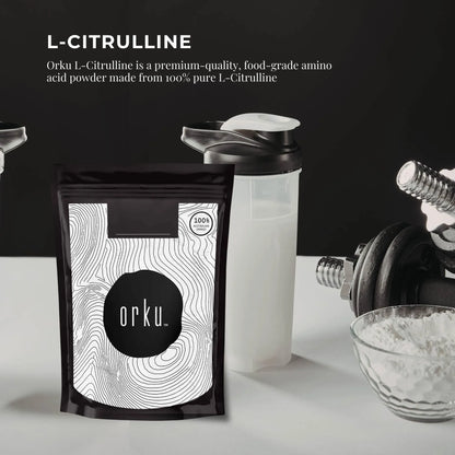 Hlpmedical Orku 100g L-Citrulline powder bucket showing the white supplement powder in a container, for health and fitness nutrition.