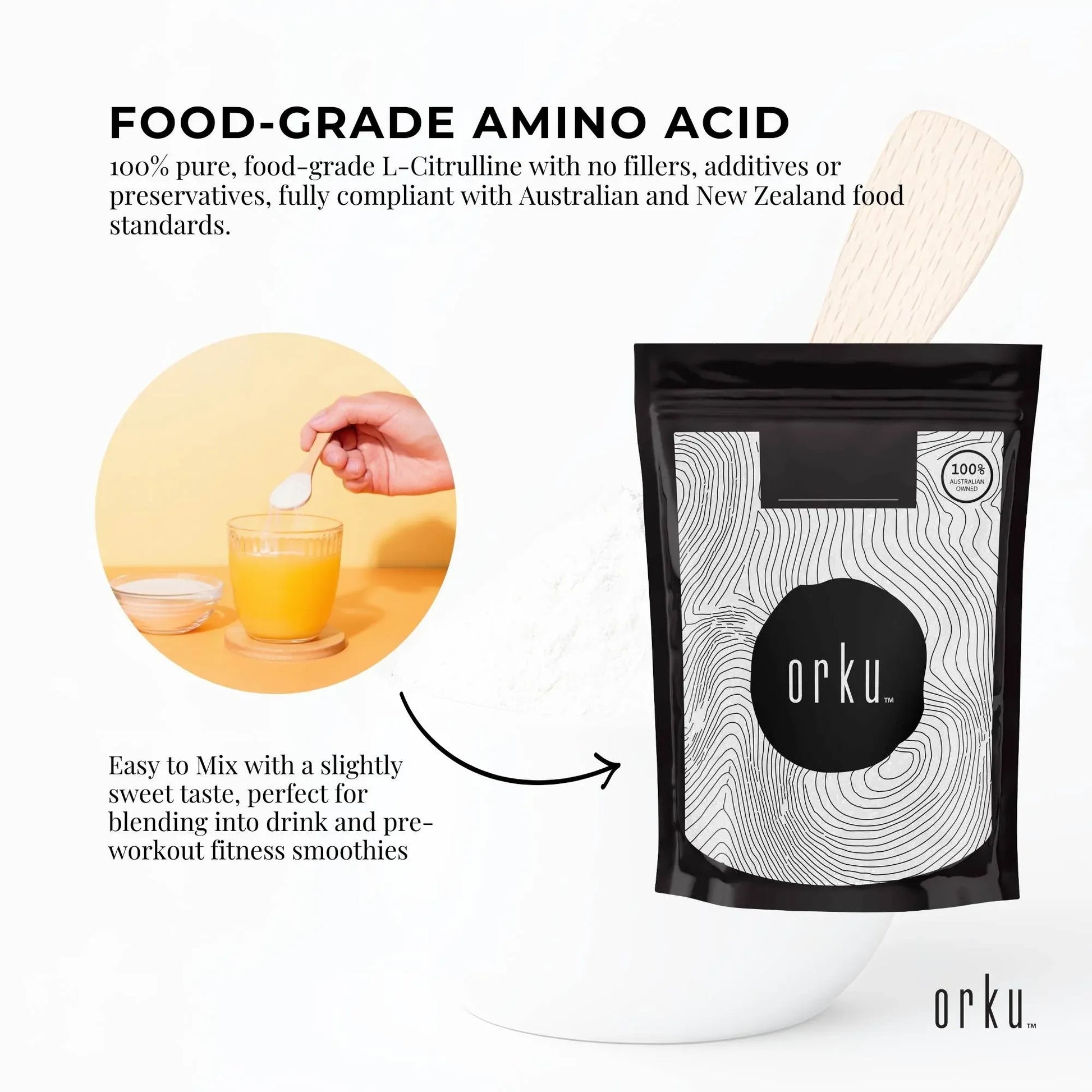 Hlpmedical Orku 100g L-Citrulline powder in a clear bucket, pure food-grade amino acid supplement for health and fitness.