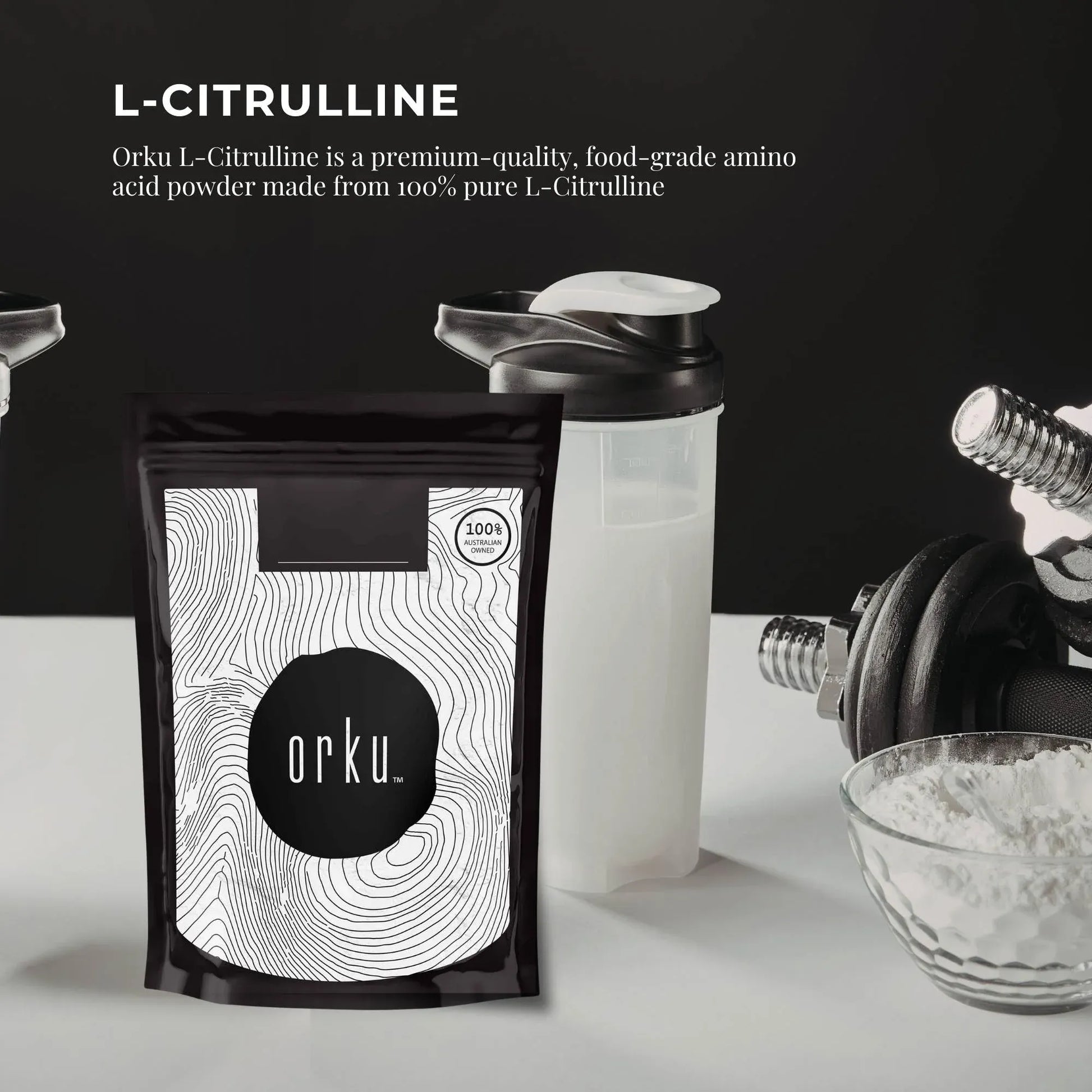 Hlpmedical Orku 1kg L-Citrulline powder bucket showing the white powder in a container, pure food-grade amino acid supplement.