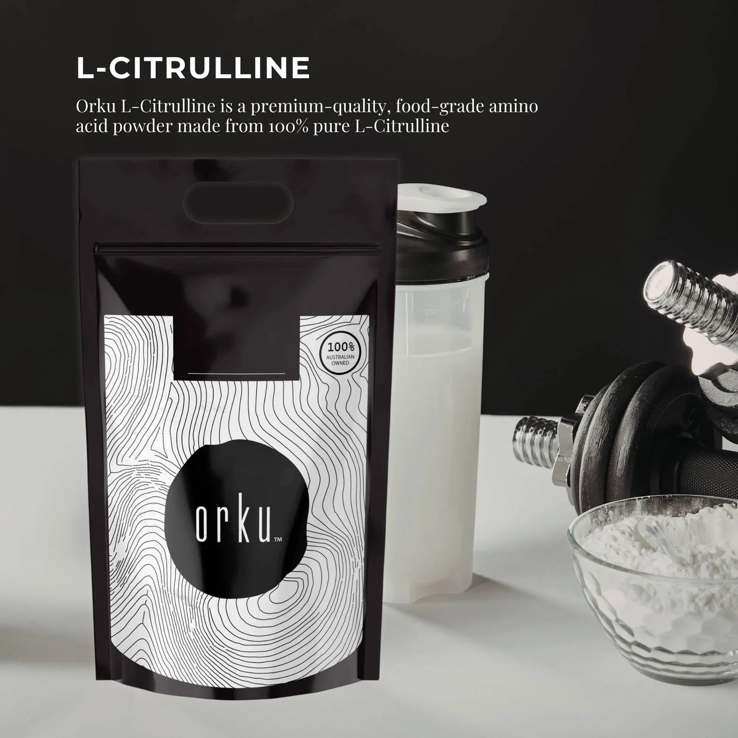 Hlpmedical Orku 10kg L-Citrulline powder bucket showing pure amino acid supplement in a large container for sports nutrition