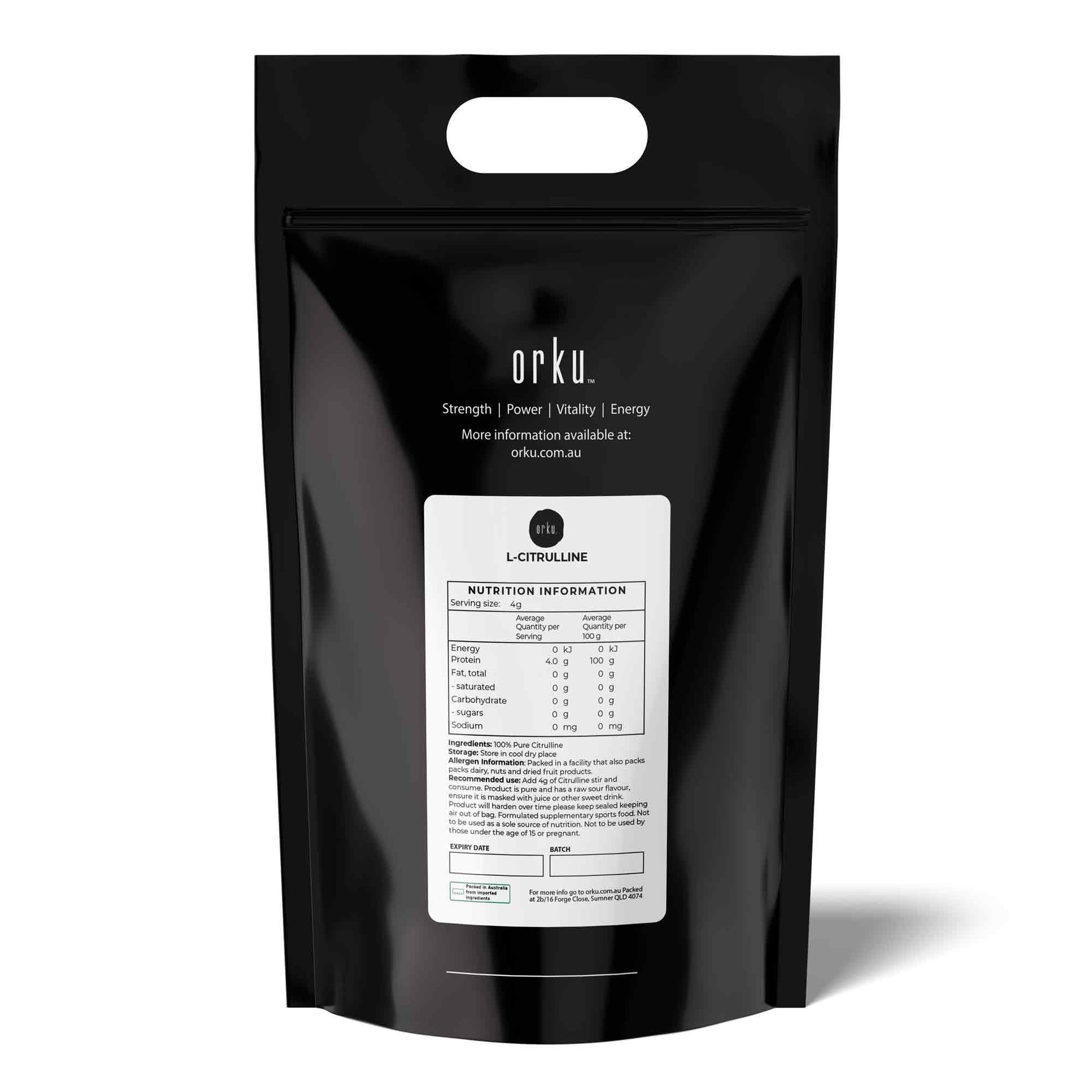 Hlpmedical Orku 10kg L-Citrulline powder bucket showing the large food-grade supplement container with label details.