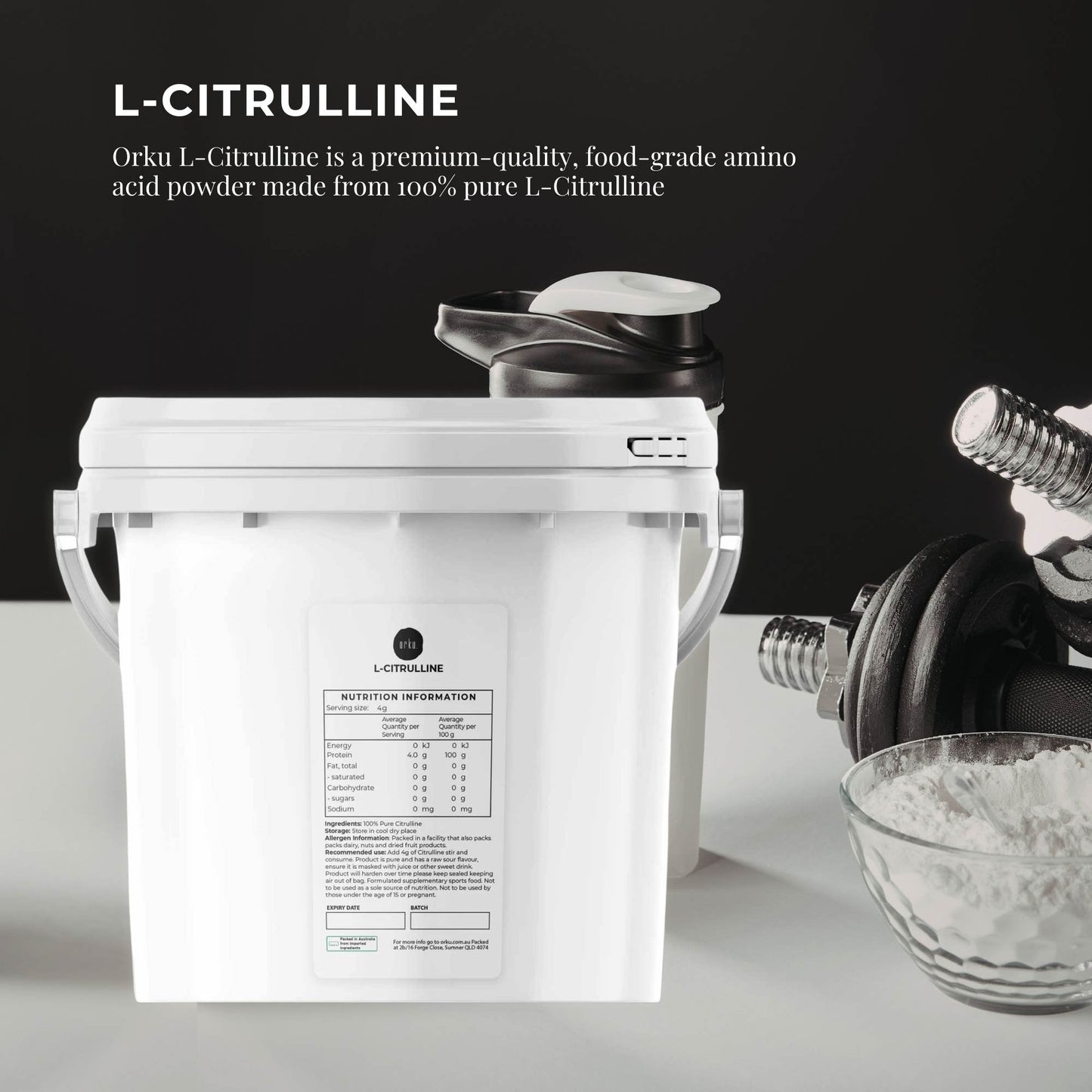 Hlpmedical Orku 3kg L-Citrulline powder bucket showing pure food-grade amino acid supplement in a large container
