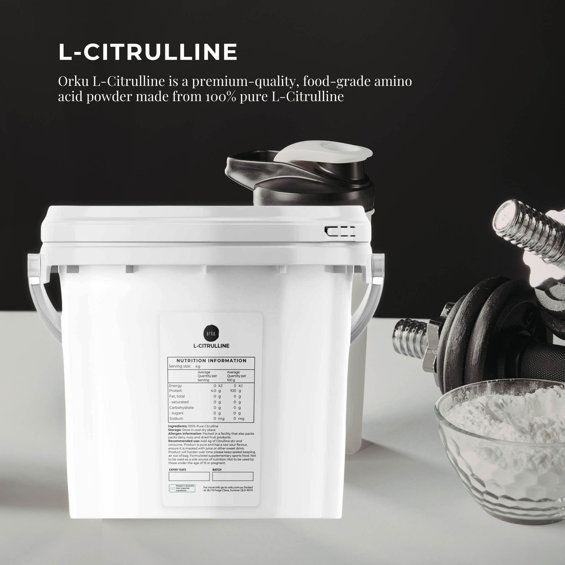 Hlpmedical Orku 3kg L-Citrulline powder bucket showing pure food-grade amino acid supplement in a large container