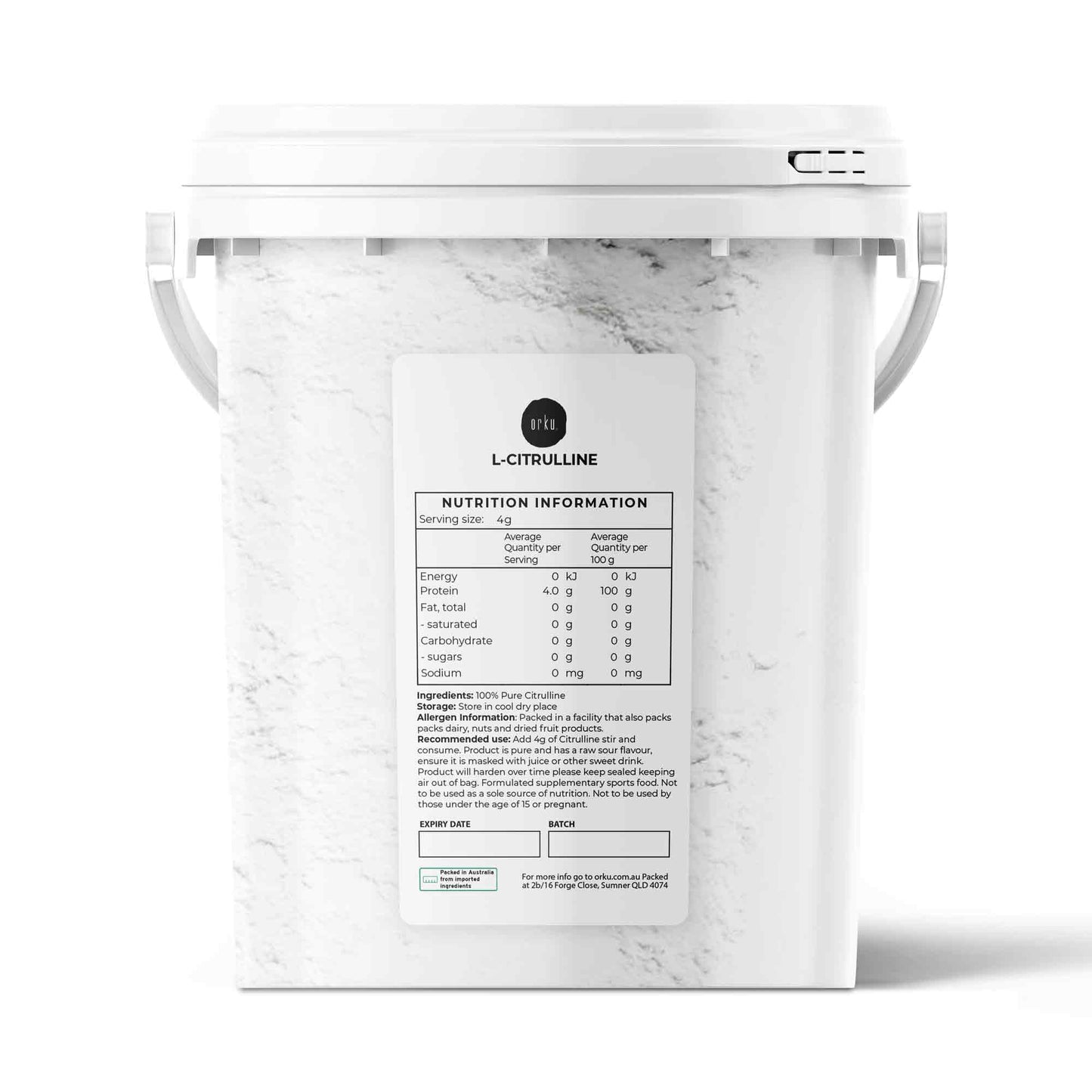Hlpmedical Orku 600g L-Citrulline Powder bucket showing pure food-grade amino acid supplement for health and fitness use.