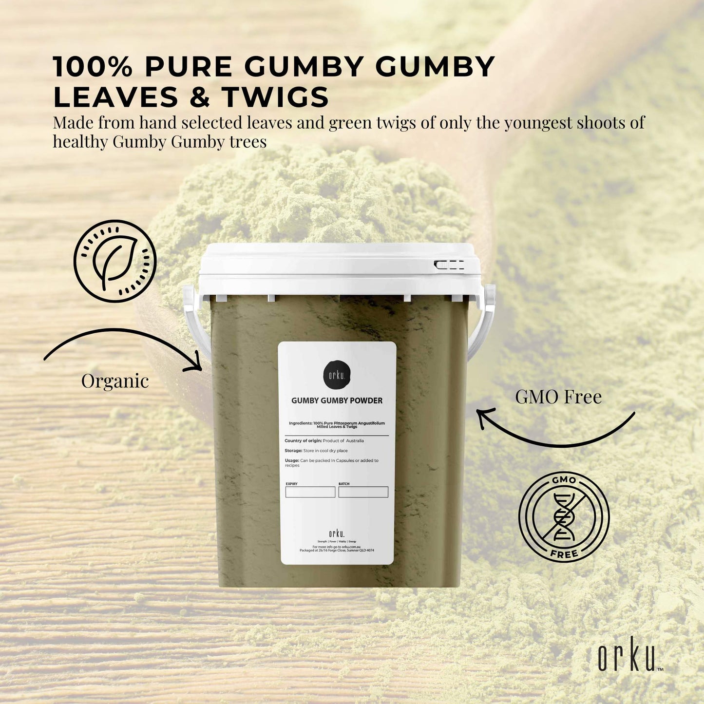 600g Gumby Gumby Pure Powder tub by Hlpmedical, Aboriginal Pittosporum Angustifolum supplement for health and wellness.