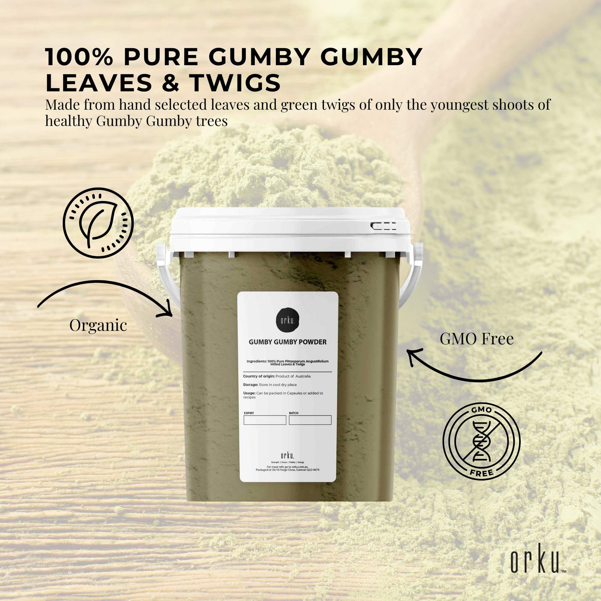 600g Gumby Gumby Pure Powder tub by Hlpmedical, Aboriginal Pittosporum Angustifolum supplement for health and wellness.