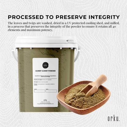 600g Gumby Gumby Pure Powder tub showing the Pittosporum Angustifolum plant for health and nutritional supplement use.