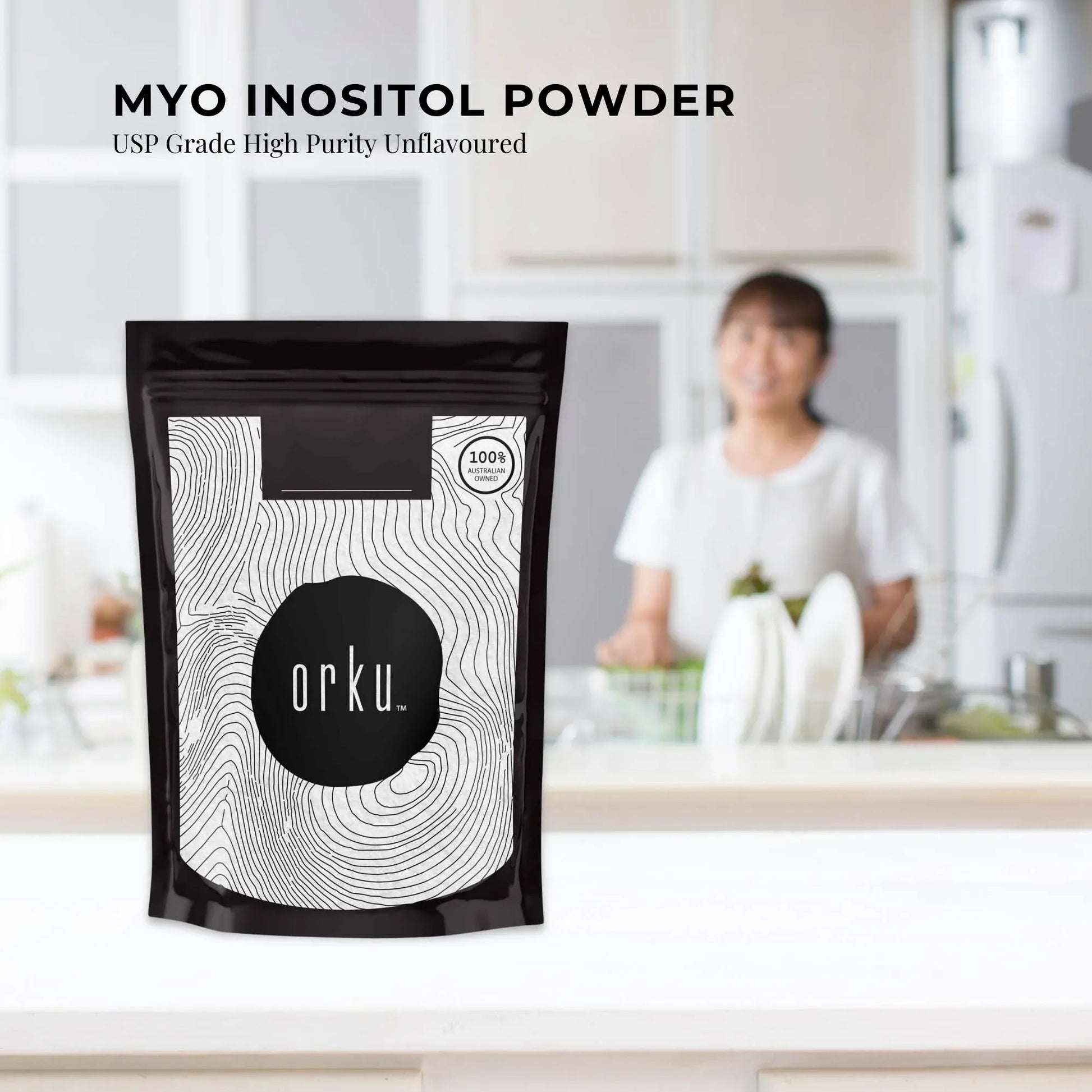 Hlpmedical Orku 100g Myo Inositol Powder in a clear container, USP grade, high purity, unflavored supplement for health and wellness