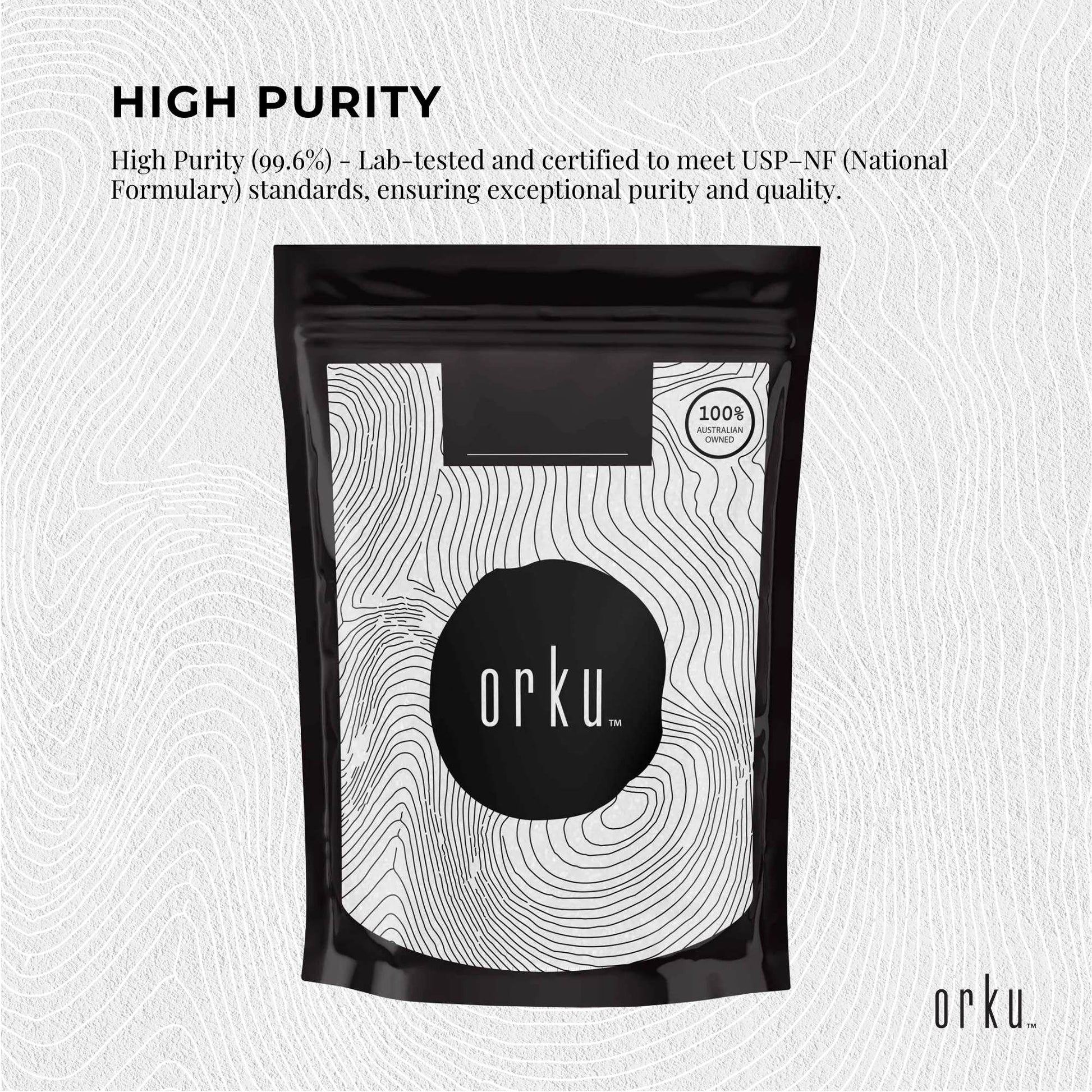 Hlpmedical Orku 100g unflavored Myo Inositol powder in a clear container, high purity USP grade for health and dietary supplement use