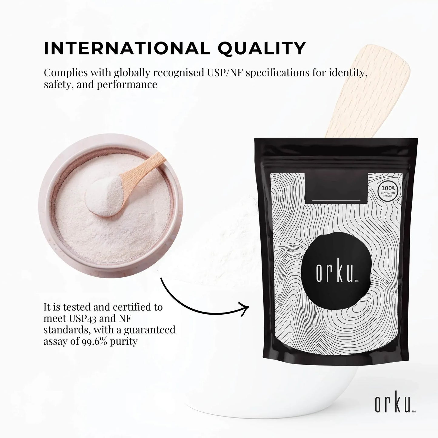 Hlpmedical Orku 100g Myo Inositol powder in a clear container, high purity USP grade, unflavored nutritional supplement for health.