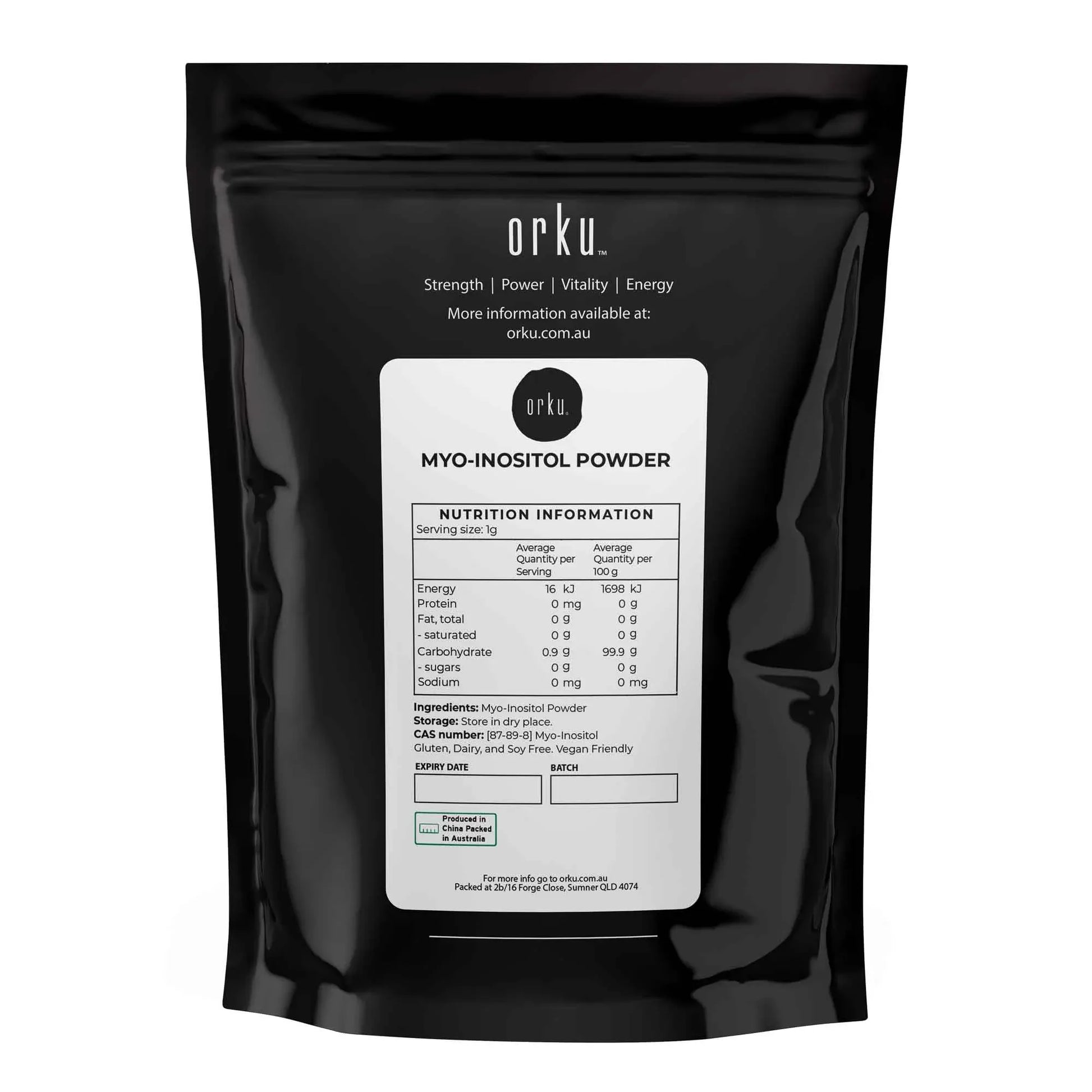 Hlpmedical Orku 100g Myo Inositol Powder in a clear container, unflavored, high purity USP grade supplement for health and wellness.