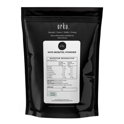 Hlpmedical Orku 100g Myo Inositol Powder in a clear container, unflavored, high purity USP grade supplement for health and wellness.