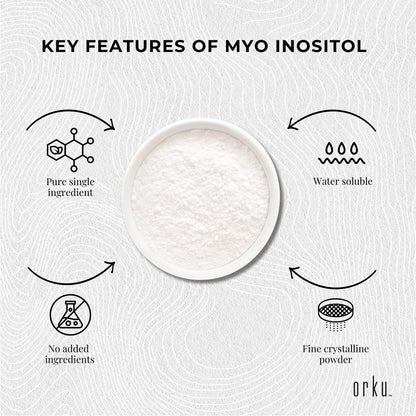 Hlpmedical Orku 100g USP Myo Inositol powder in a clear container, unflavored, used as a dietary supplement for health and wellness.