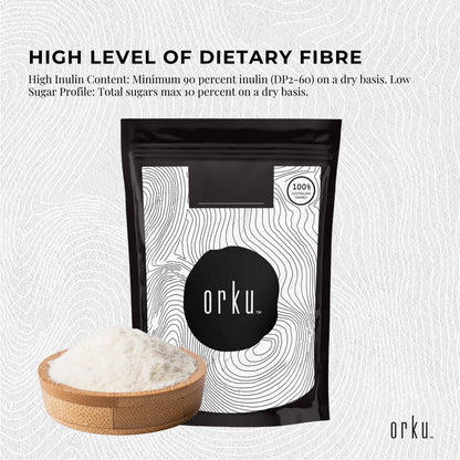 Hlpmedical Orku 100g chicory root inulin powder in a clear container, unflavored dietary supplement for health and nutrition.
