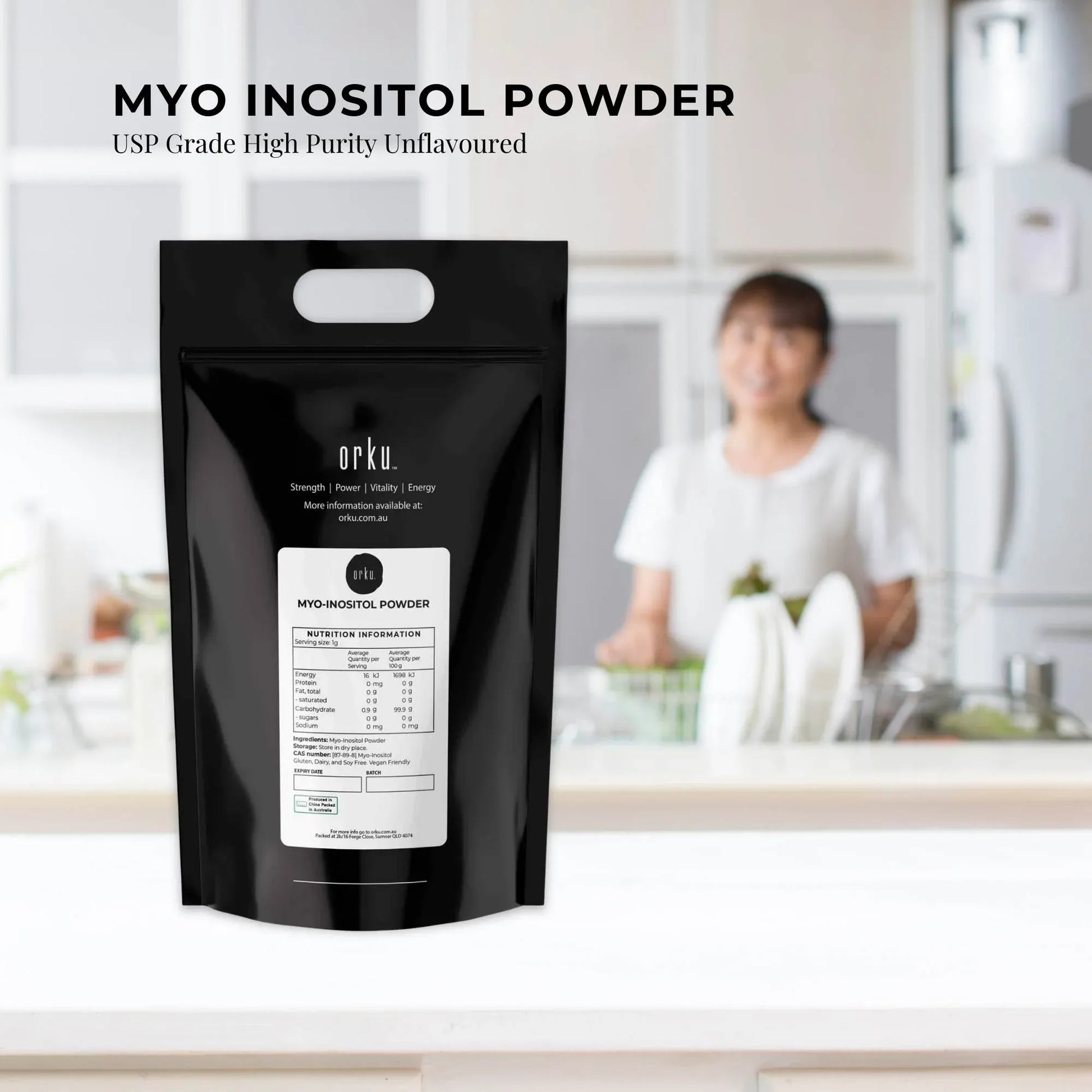 Hlpmedical Orku 5kg Myo Inositol powder in a clear container, unflavored, high purity USP grade supplement for health and wellness
