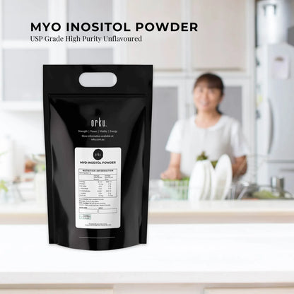 Hlpmedical Orku 5kg Myo Inositol powder in a clear container, unflavored, high purity USP grade supplement for health and wellness