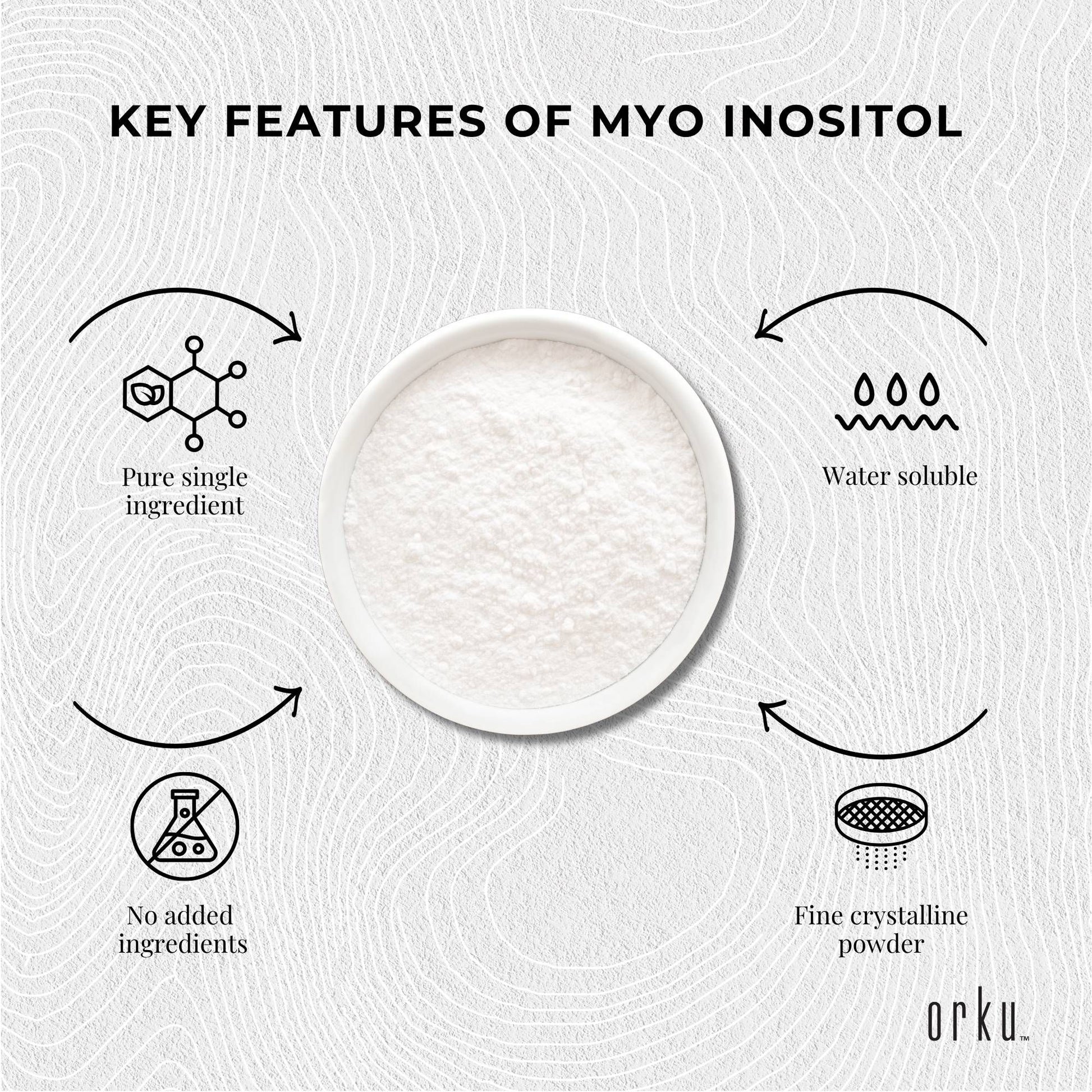 Hlpmedical Orku 5kg Myo Inositol powder in a clear container, USP grade, high purity, unflavored, for health and nutritional use.