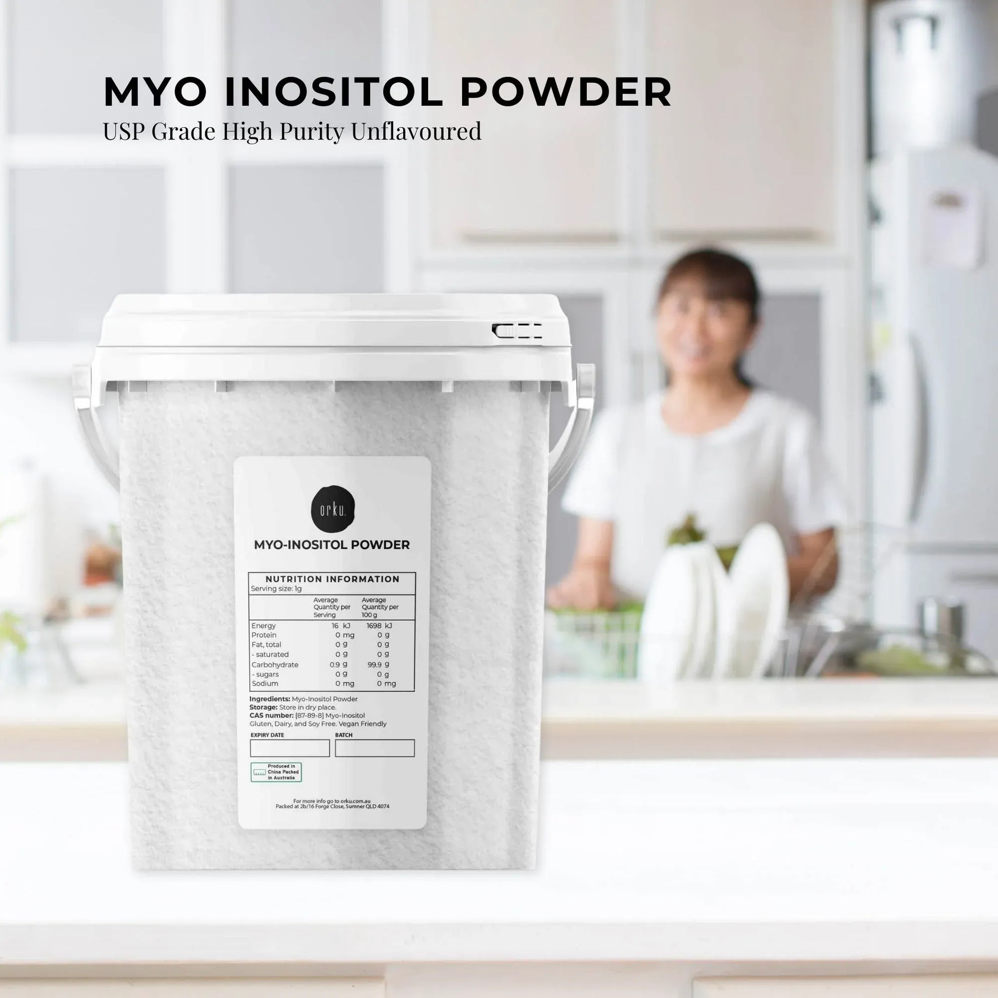 Hlpmedical Orku 800g Myo Inositol powder tub, USP grade, high purity, unflavored supplement for health and wellness.